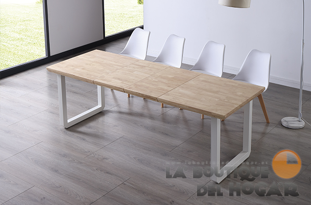 Mesa de comedor extensible blanca con patas metálicas y tablero de Roble Nordish Modelo Roma