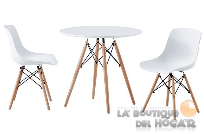 Mesa de comedor Redonda fija con patas en madera de haya y tablero DM Blanco Modelo Tower 80cm