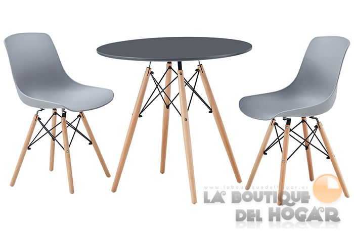 Mesa de comedor Redonda fija con patas en madera de haya y tablero DM Gris Modelo Tower 80cm