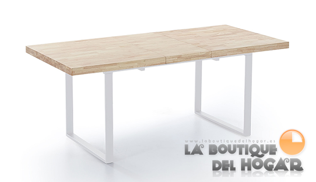 Mesa de comedor extensible blanca con patas metálicas y tablero de Roble Modelo Natural