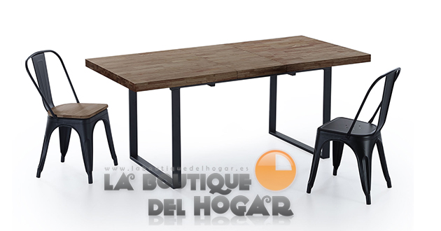 Mesa de comedor extensible negra con patas metálicas y tablero de Roble American Modelo Natural