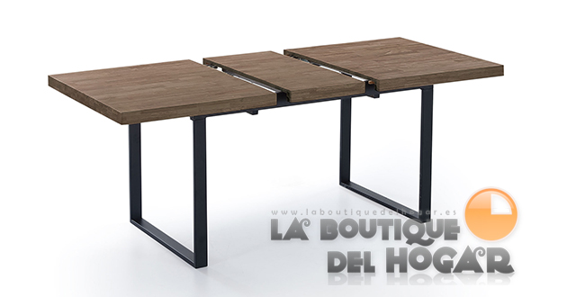 Mesa de comedor extensible negra con patas metálicas y tablero de Roble American Modelo Natural