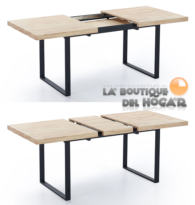 Mesa de comedor extensible blanca con patas metálicas y tablero de Roble Modelo Natural