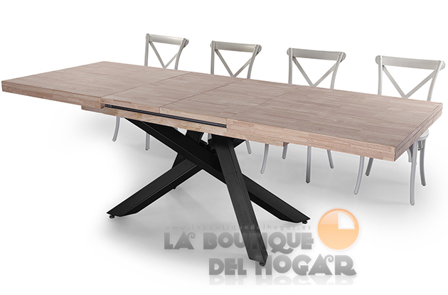 Mesa de comedor extensible negra con patas metálicas y tablero de Roble Honey Modelo Xena