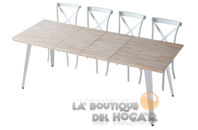 Mesa de comedor extensible blanca con patas metálicas y tablero de Roble Nordish Modelo Berg