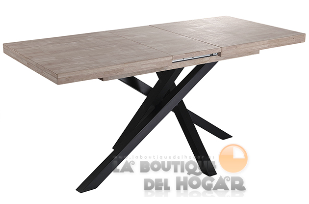 Mesa de comedor extensible negra con patas metálicas y tablero de Roble Honey Modelo Xena