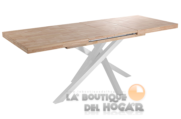 Mesa de comedor extensible blanca con patas metálicas y tablero de Roble Nordish Modelo Xena