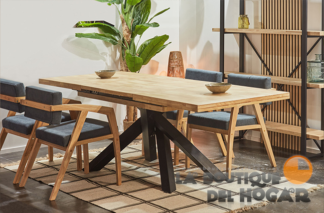 Mesa de comedor extensible negra con patas metálicas y tablero de Roble Honey Modelo Xena