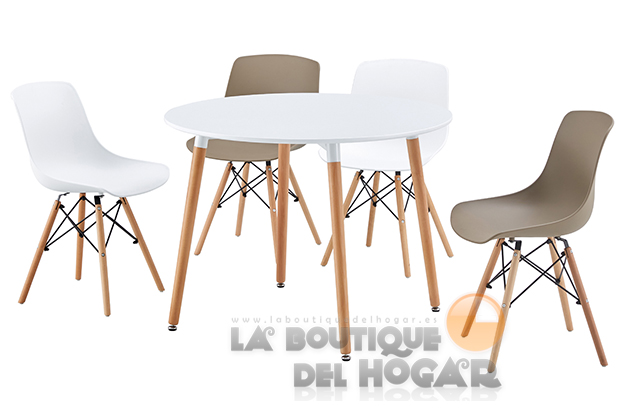 Mesa de comedor redonda fija con patas de madera y tablero DM Blanco Modelo Nordika 100