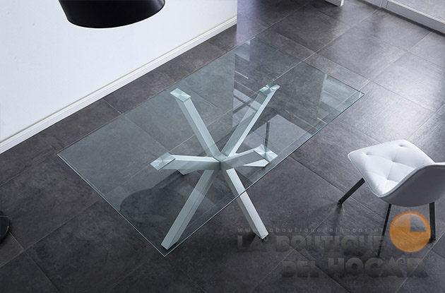 Mesa de comedor fija de estilo moderno en cristal templado Modelo Cross