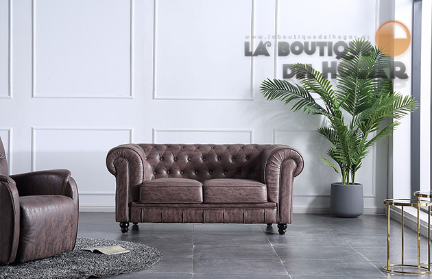 Sofá de diseño clásico de 3 plazas estilo Vintage en Tejido Chocolate envejecido Modelo Chesterfield