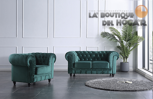 Sofá de diseño de 2 plazas Tejido Velvet verde Modelo Chesterfield