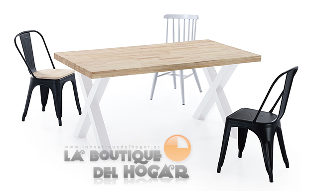 Mesa de comedor fija blanca con patas metálicas y tablero de Roble Modelo X-Loft 160