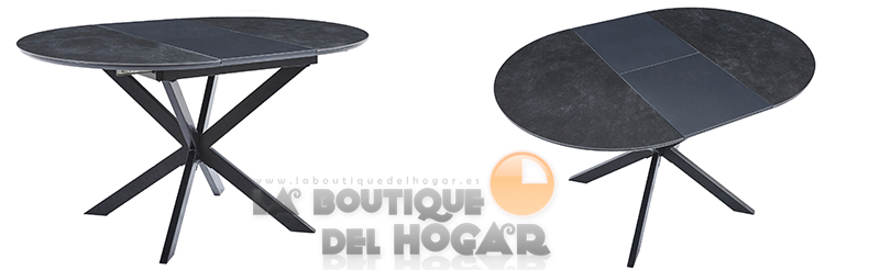 Mesa de comedor extensible negra con patas metálicas y tablero ceramic Modelo Vulcano